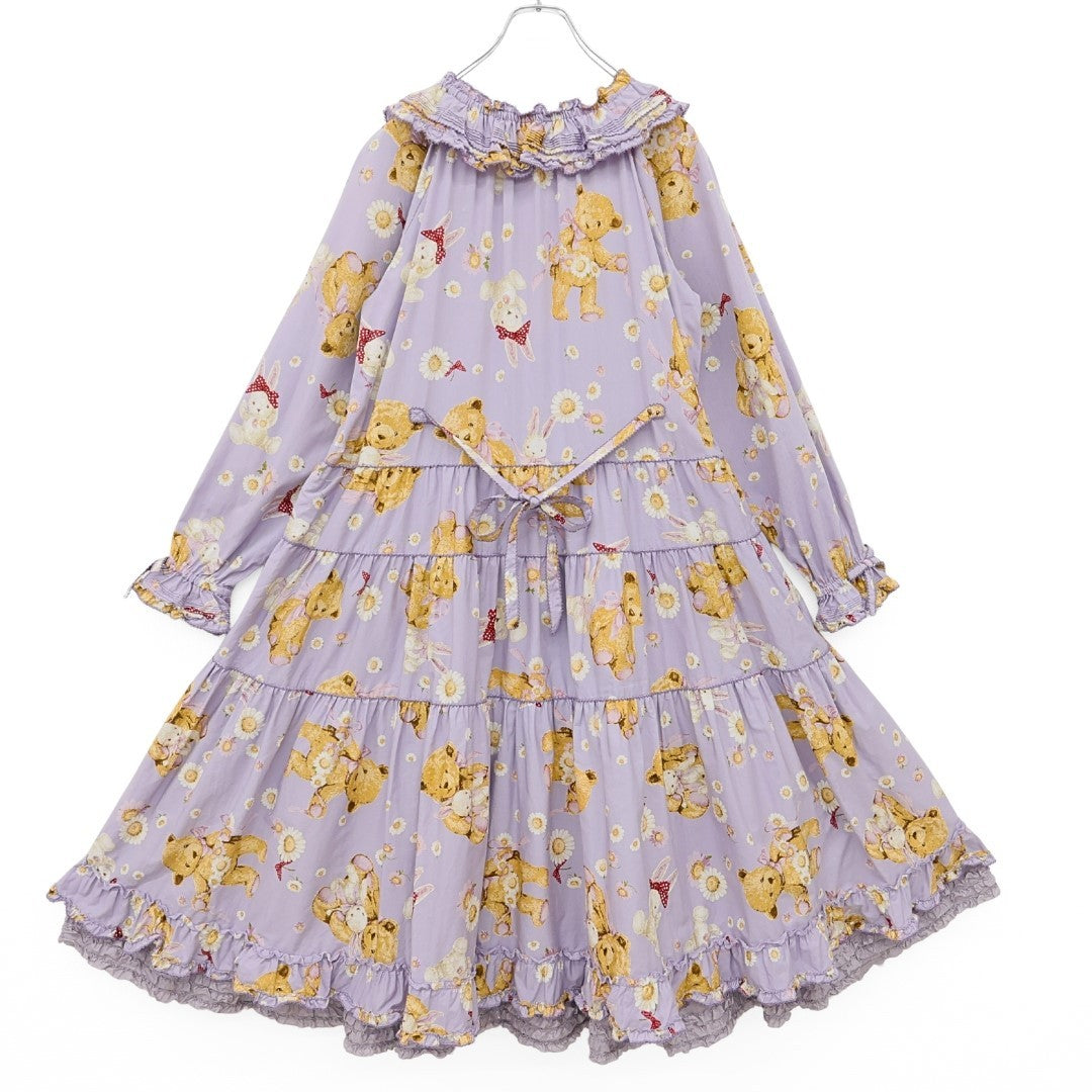 【極美品】ピンクハウス★ひな菊ロンドpt♪ミディ丈ワンピース ラベンダー系 裾段々フリル♪2023年 薄手 z23296