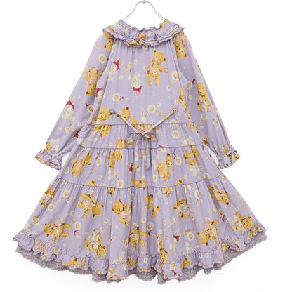 【極美品】ピンクハウス★ひな菊ロンドpt♪ミディ丈ワンピース ラベンダー系 裾段々フリル♪2023年 薄手 z23296