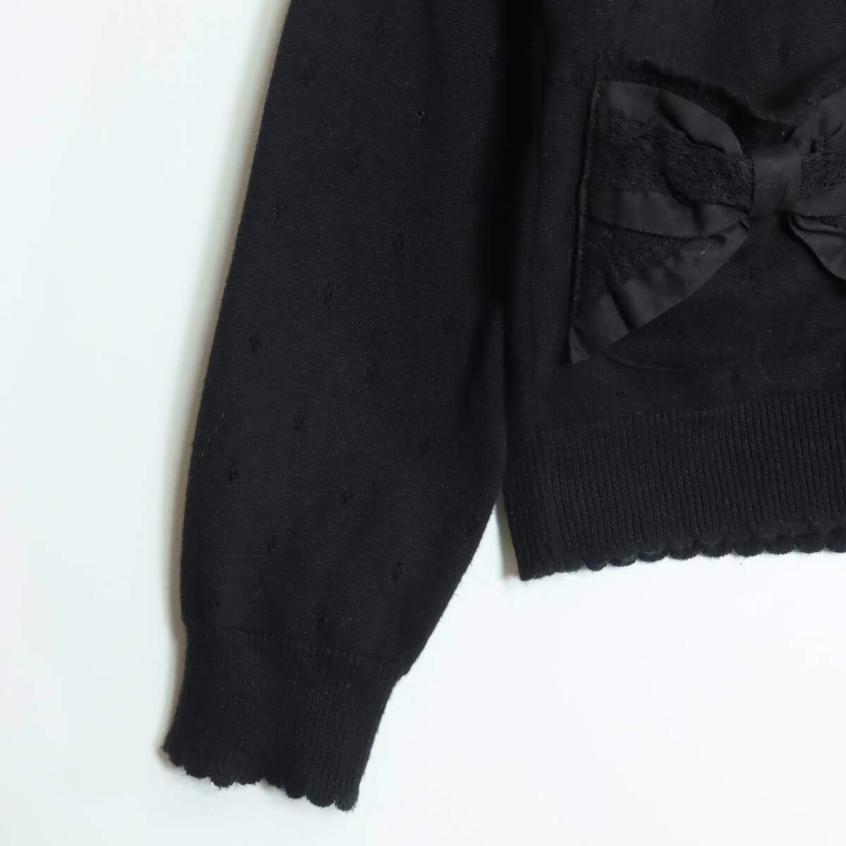 ピンクハウス★レース付きリボン♪透かし編みニットカーディガン 黒系 前開き z18836