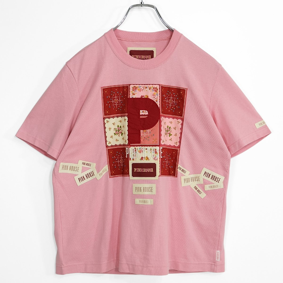 ピンクハウス★かわいい パッチワーク ワッペン ロゴ 半袖 Tシャツ サイズL ピンク系 z23071