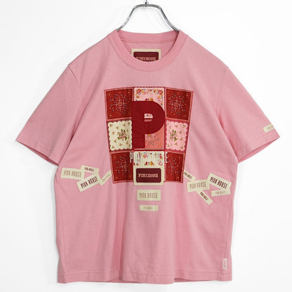 ピンクハウス★かわいい パッチワーク ワッペン ロゴ 半袖 Tシャツ サイズL ピンク系 z23071