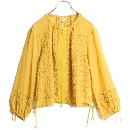 【極美品】インゲボルグ★段々フリル♪ブラウス ダブルジップ マスタード系 シアー感 薄手 残布有 z16826