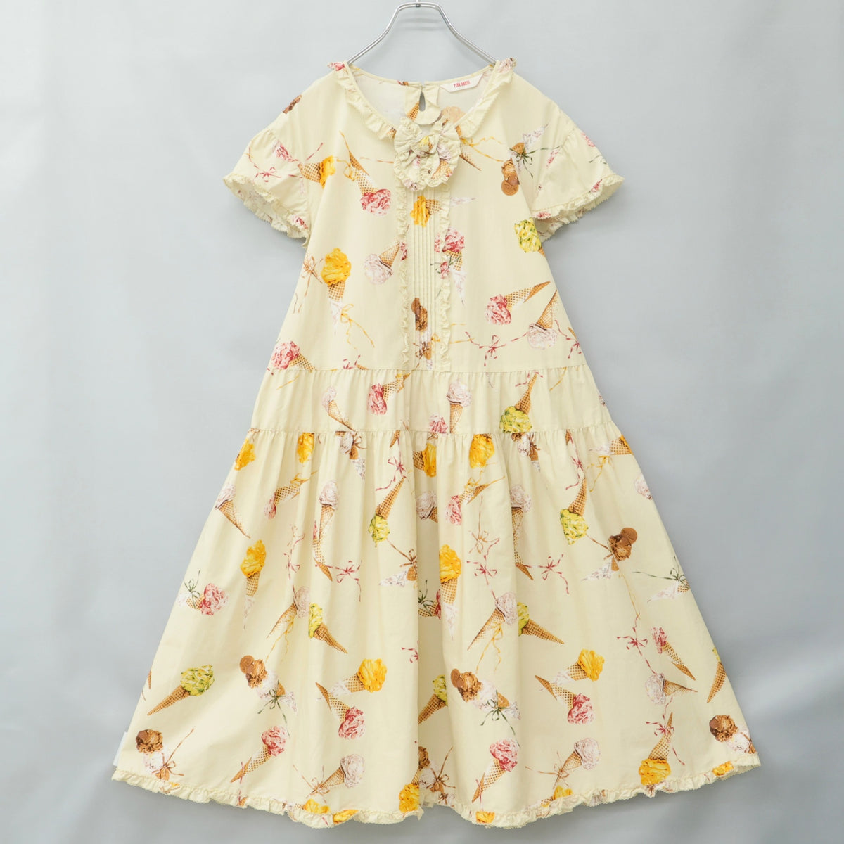【美品】ピンクハウス★アイスクリームpt♪ふんわり半袖ワンピース 薄黄色系 フリル&リボン♪薄手 z23281