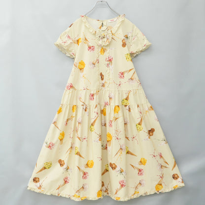 【美品】ピンクハウス★アイスクリームpt♪ふんわり半袖ワンピース 薄黄色系 フリル&リボン♪薄手 z23281