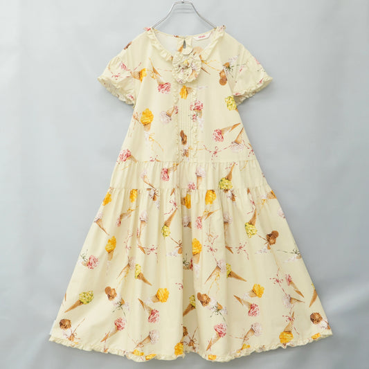【美品】ピンクハウス★アイスクリームpt♪ふんわり半袖ワンピース 薄黄色系 フリル&リボン♪薄手 z23281