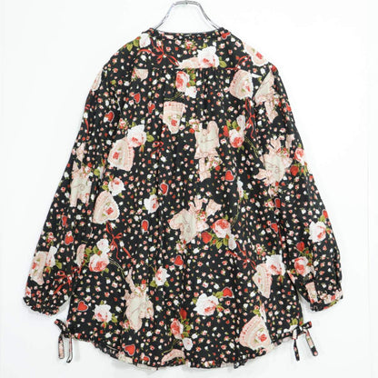 【美品】ピンクハウス★ロマンティック可愛いオーナメントローズpt♪チュニックブラウス ローズケーキ柄 黒系 前開き z21320
