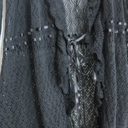 【美品】インゲボルグ★上品な透かし編みが素敵♪フリル付き ロング カーディガン サイズ9号 黒系 z20723