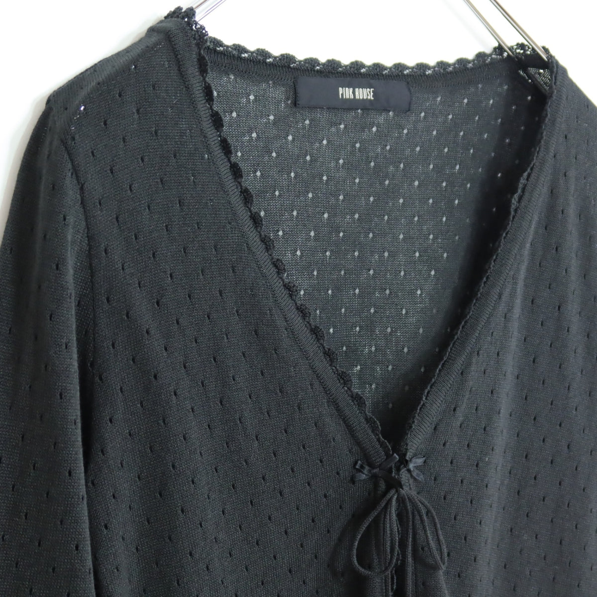 【美品】ピンクハウス★ミニリボン♪ニットカーディガン はおりもの 黒系 レース&透かし編み♪z19986