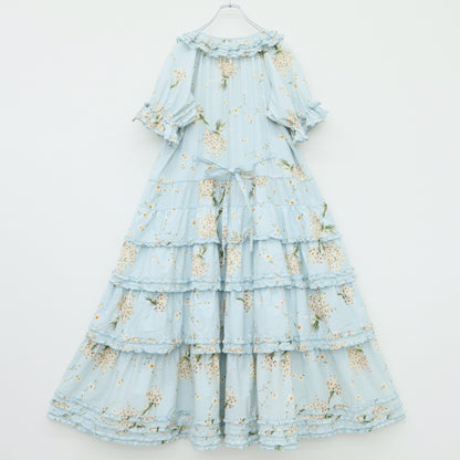 【極美品】ピンクハウス★マーガレットブーケpt♪かぶせ段々半袖ワンピース サックス系 前開き リボンも♪2026年製 z23384