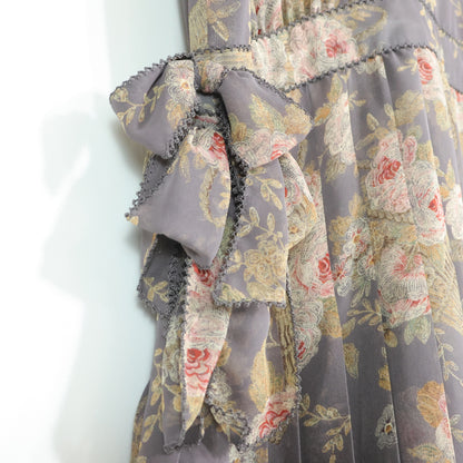 カネコイサオ★花柄シフォンのプリーツワンピース 薄紫系 薄手 z22397