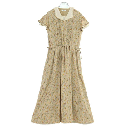 【美品】インゲボルグ★クラシカルな襟付き ピンタック フリル 花柄ワンピース♪ベージュ系 z19687