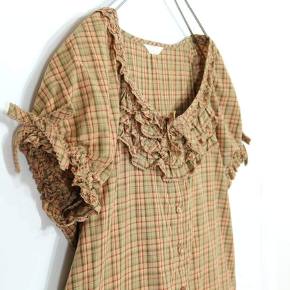 【美品】ピンクハウス★可愛いシルエット♪ パフスリーブチュニックワンピース オリチェ柄 ブラウン系 ＊z19601