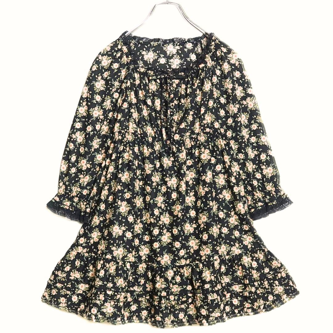 【美品】ピンクハウス★可愛い！ふんわりフリル　薔薇ptチュニックブラウス スクエアネック 黒系 ♪z.15690