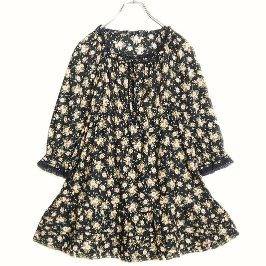 【美品】ピンクハウス★可愛い！ふんわりフリル　薔薇ptチュニックブラウス スクエアネック 黒系 ♪z.15690