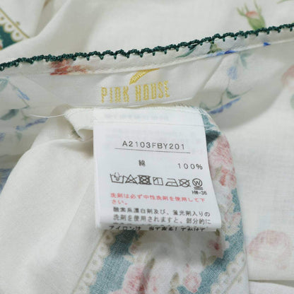 ピンクハウス★気品溢れる薔薇ブーケ柄♪リボンベルト付き 半袖パフスリーブ 綿ローン ワンピース 白×緑系 z21343