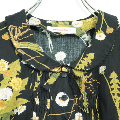 【美品】ワンダフルワールド カネコイサオ★かぶせ段々フリル♪たんぽぽブーケのワンピース 黒系 前開き 薄手 z23041