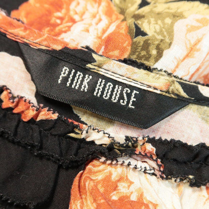 【美品】ピンクハウス★フェミニン！綿ローンブラウス チュニック 襟かぶせ段々 シックな花模様 薄手 春夏 黒系 z8538