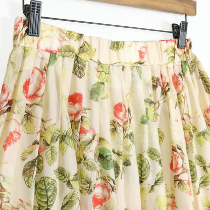 【極美品】インゲボルグ★大人可愛い！薔薇pt ふんわり♪ギャザースカート 綿麻♪サイズ3(9号) ベージュ系 ＊z13734