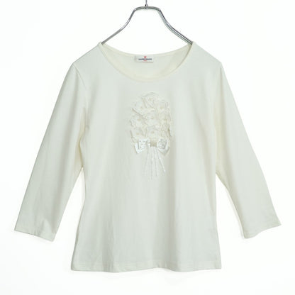 【美品】ギャラリービスコンティ★花束&リボンモチーフ♪七分袖カットソー サイズ2 白系 無地 z22633