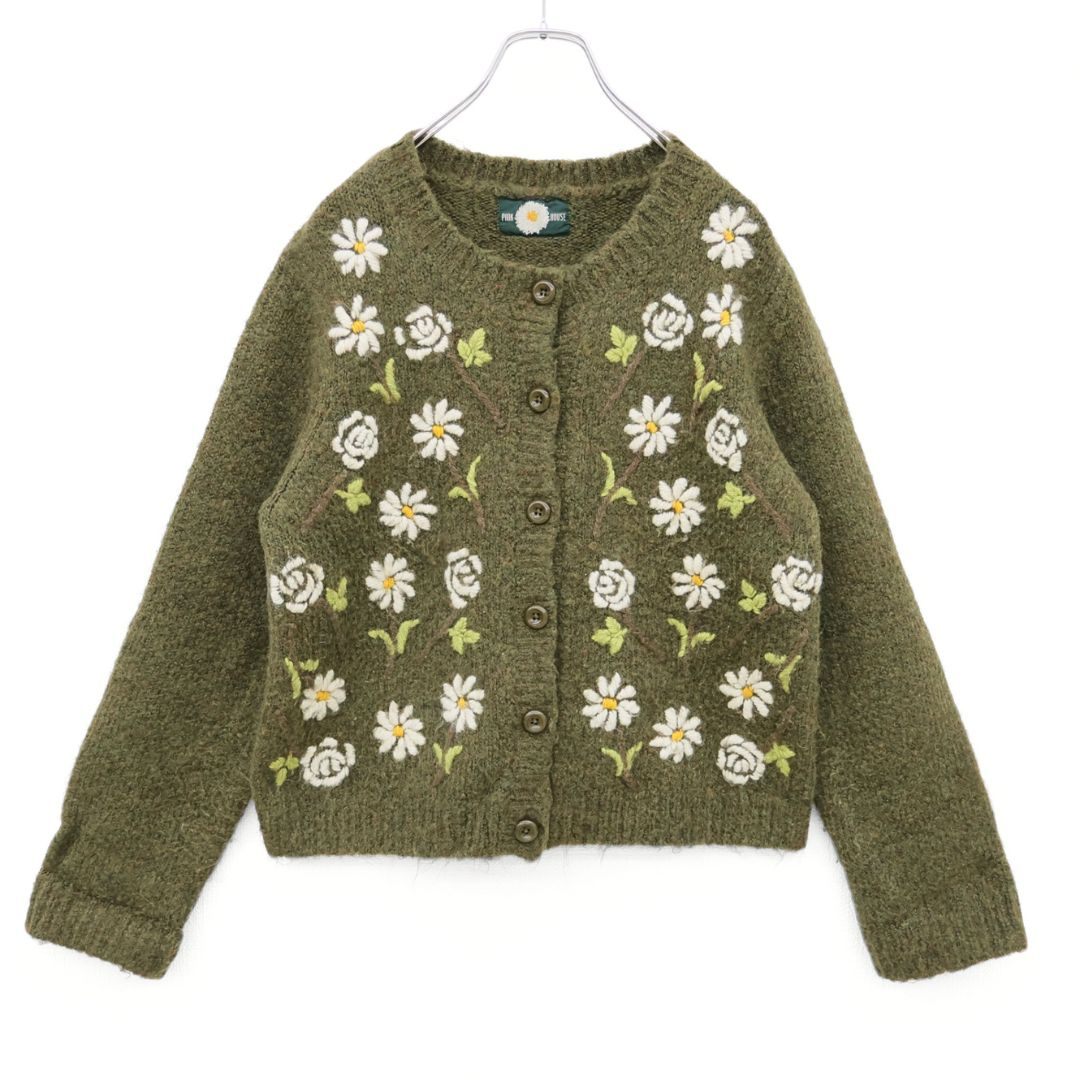 ピンクハウス★ひなぎく刺繍が可愛い♪ニットカーディガン カーキグリーン系 前開き 厚手 z23453