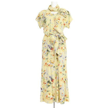 【美品】カネコイサオ★お花コサージュ付き♪花柄半袖ワンピース イエロー系 幅広リボン付♪薄手 z20626