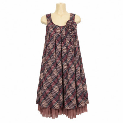 【美品】ピンクハウス★大きめコサージュが可愛い！ノースリーブ かぶせ段々フリルのワンピース エレガントなチェック柄 赤系 z8481