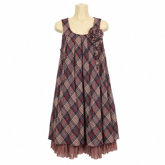 【美品】ピンクハウス★大きめコサージュが可愛い！ノースリーブ かぶせ段々フリルのワンピース エレガントなチェック柄 赤系 z8481