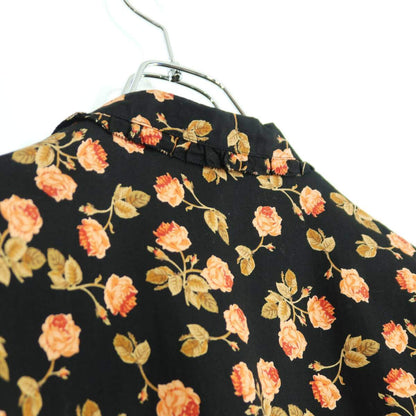 【レア美品】インゲボルグ★華やか薔薇pt♪七分袖ワンピース 黒系 前開き はしごレース&リボン♪薄手 z20078