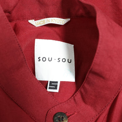 【美品】SOUSOU ソウソウ★モスリン シャツワンピース 間がさね サイズS 赤×黒系 無地×柄物 薄手 z23127