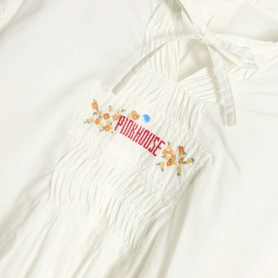 ピンクハウス★可愛い！クロスステッチ 刺繍が可愛い！長袖ローンブラウス タック入り 白系 ＊z17181