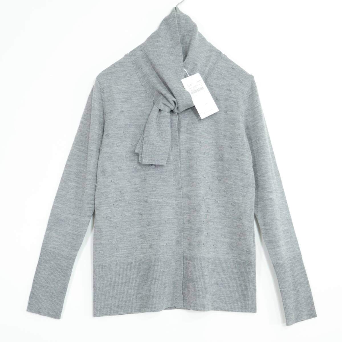 【極美品】ミラショーン★高級感！カシミヤ混 落ち着いた雰囲気 ボウタイ付き ニット カーディガン サイズ40 グレー系 *z21167