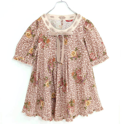 【美品】PINK HOUSE ピンクハウス★レオパード×薔薇フラワープリント♪リボン 半袖チュニック ブラウス ピンク系＊z19615