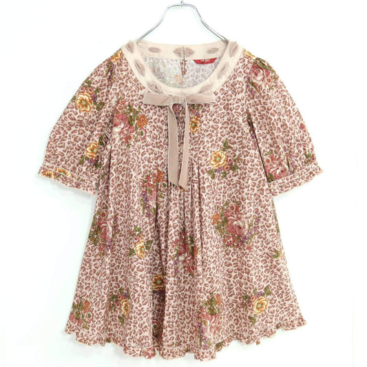 【美品】PINK HOUSE ピンクハウス★レオパード×薔薇フラワープリント♪リボン 半袖チュニック ブラウス ピンク系＊z19615