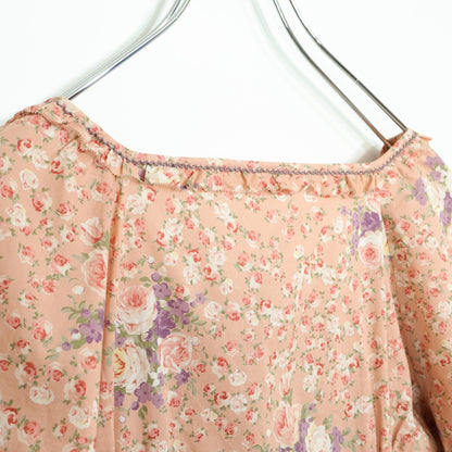 【美品】ピンクハウス★薔薇pt&段々フリル♪スクエアネックブラウス サーモンピンク系 前開き z22913