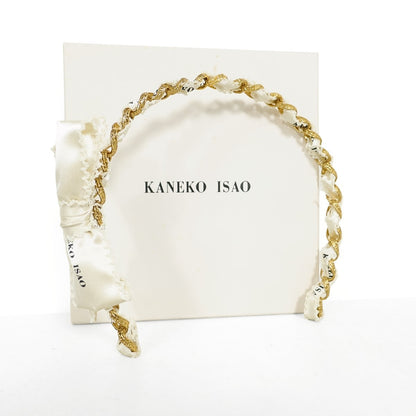 KANEKO ISAO★ロゴリボン カチューシャ 箱付き 編み込みリボン ピコフリル ゴールド系 so458