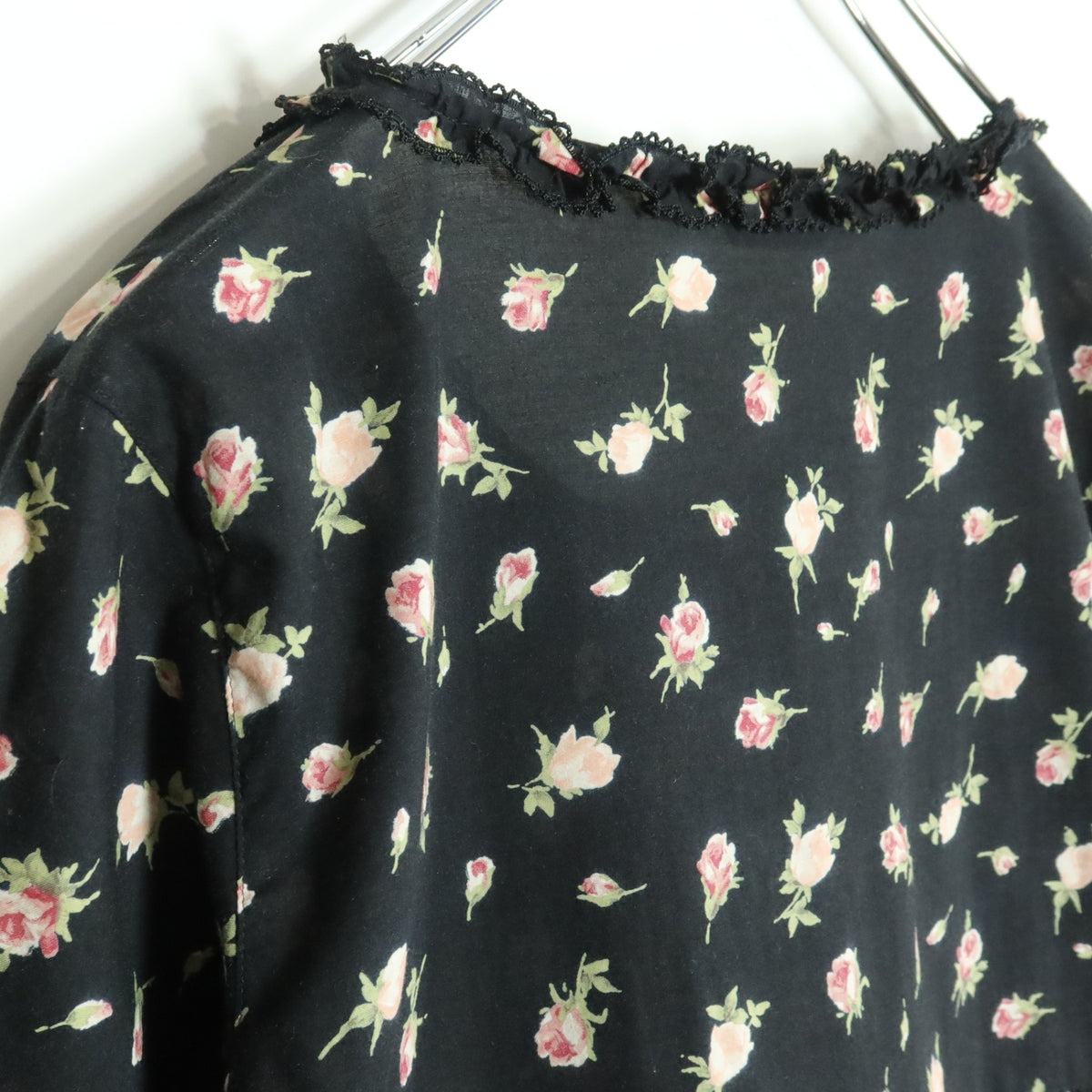 【美品】ピンクハウス★ギンガムパッチワーク♪ローンチュニックブラウス 黒系 薔薇pt♪薄手 z18327