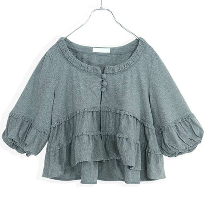 【美品】ピンクハウス★肌触りのいいフリル付きトップス♪くるみボタン ショート丈カーディガン グレー系 *z19647