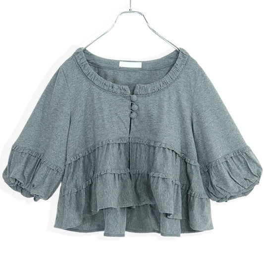 【美品】ピンクハウス★肌触りのいいフリル付きトップス♪くるみボタン ショート丈カーディガン グレー系 *z19647