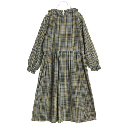 【美品】ピンクハウス ★可愛い！チェック柄ワンピース  長袖 ネル フリル襟 ゆったり フォルム　緑 グレー系＊ z15094