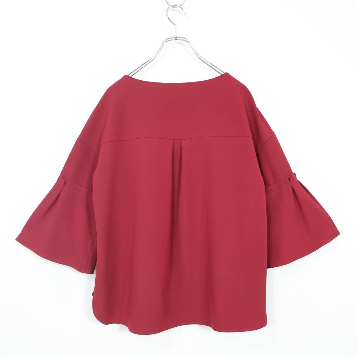 【極美品】ローズティアラ★お花モチーフ♪オーバーブラウス ダークレッド系 大きいサイズ42 ベルスリーブ♪無地 薄手 z22743
