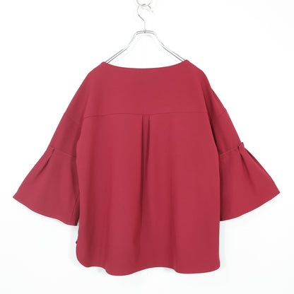 【極美品】ローズティアラ★お花モチーフ♪オーバーブラウス ダークレッド系 大きいサイズ42 ベルスリーブ♪無地 薄手 z22743