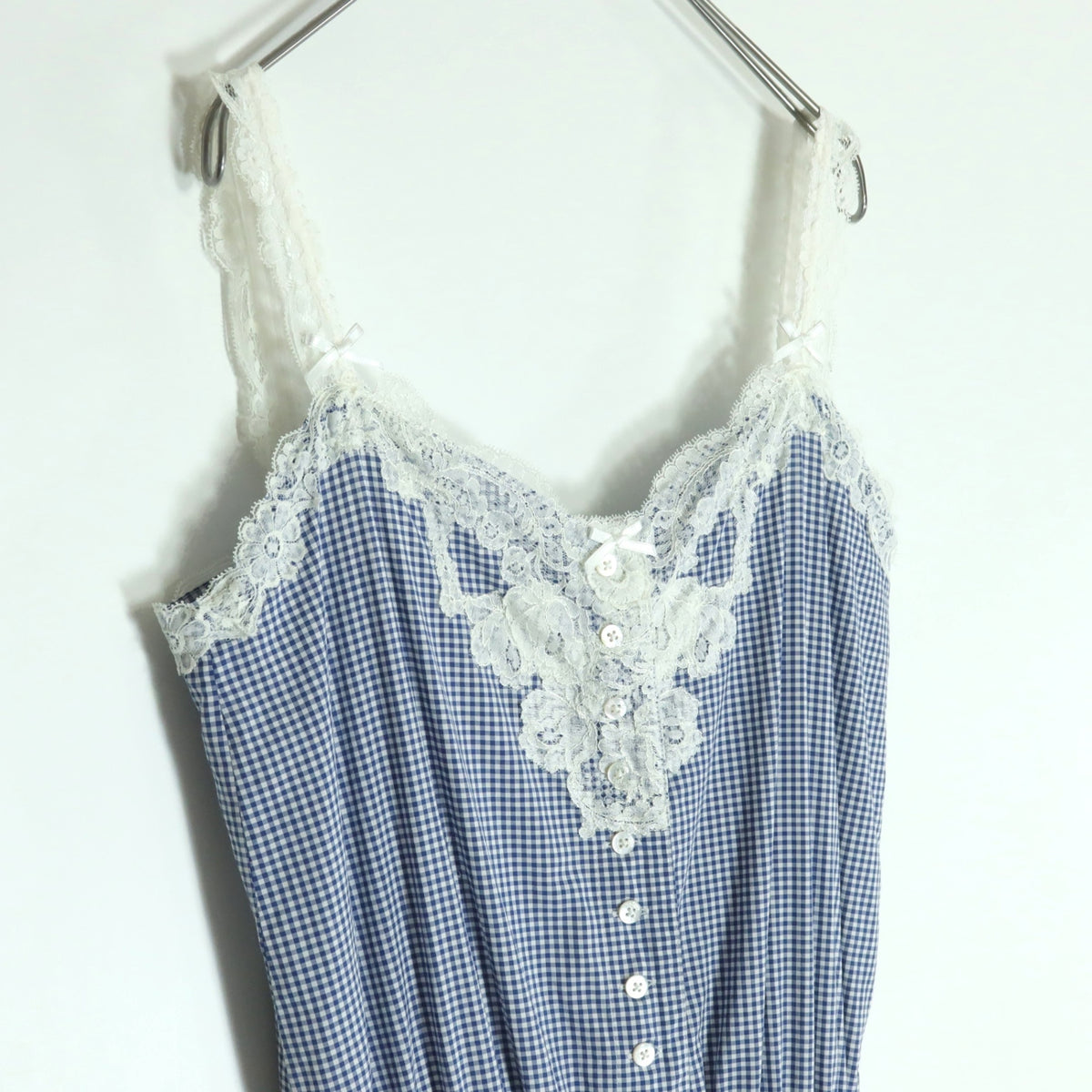 【美品】ピンクハウス★キャミソール ワンピース♪レース×ギンガムチェック ピコ刺繍 ティアード フレアスカート 青系 z18756