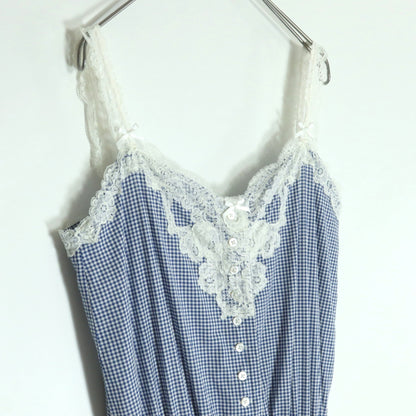 【美品】ピンクハウス★キャミソール ワンピース♪レース×ギンガムチェック ピコ刺繍 ティアード フレアスカート 青系 z18756