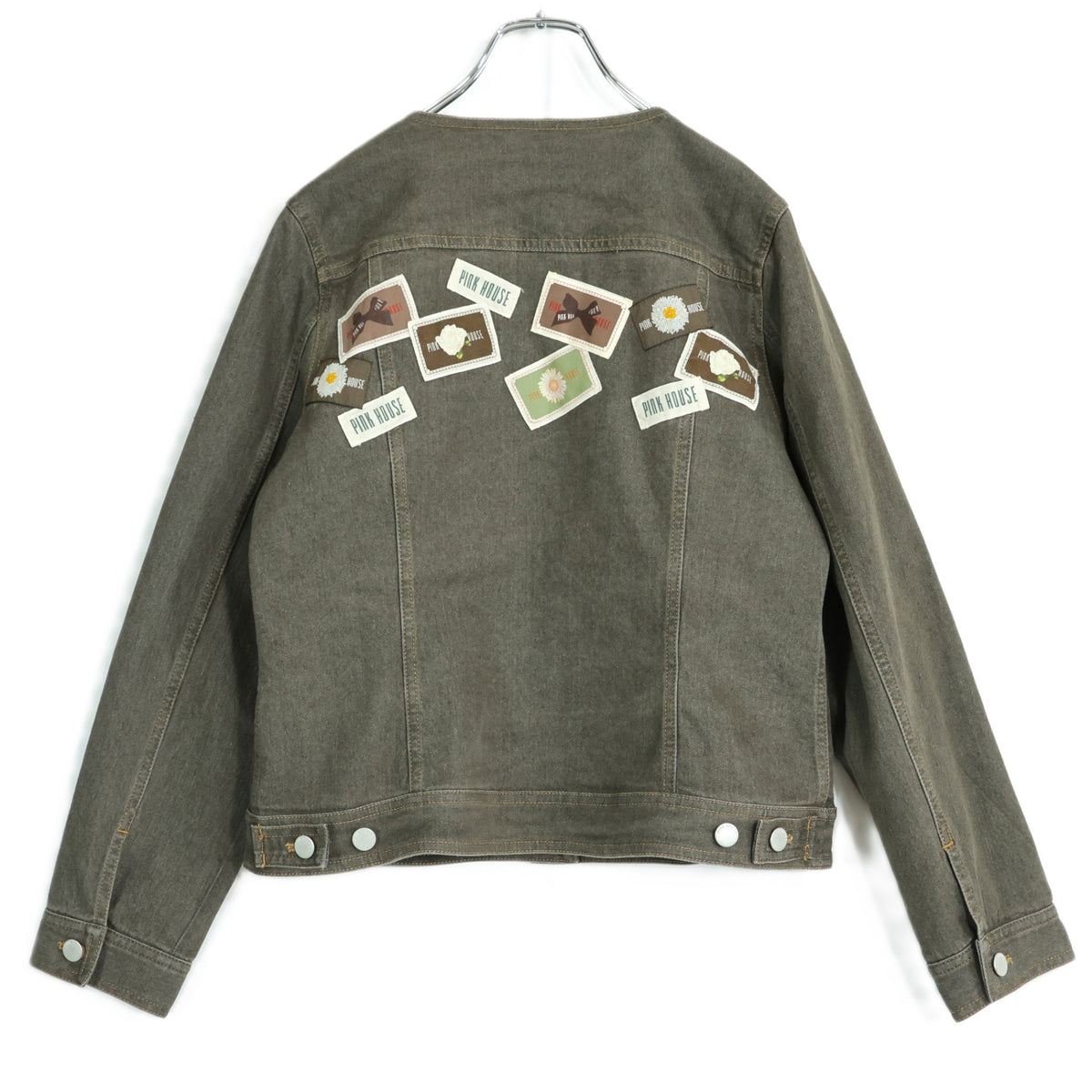 【美品】ピンクハウス★ひなぎくワッペン♪デニムジャケット ノーカラー 大きいサイズL チャコールグレー系 前開き 無地 z21851