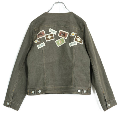 【美品】ピンクハウス★ひなぎくワッペン♪デニムジャケット ノーカラー 大きいサイズL チャコールグレー系 前開き 無地 z21851
