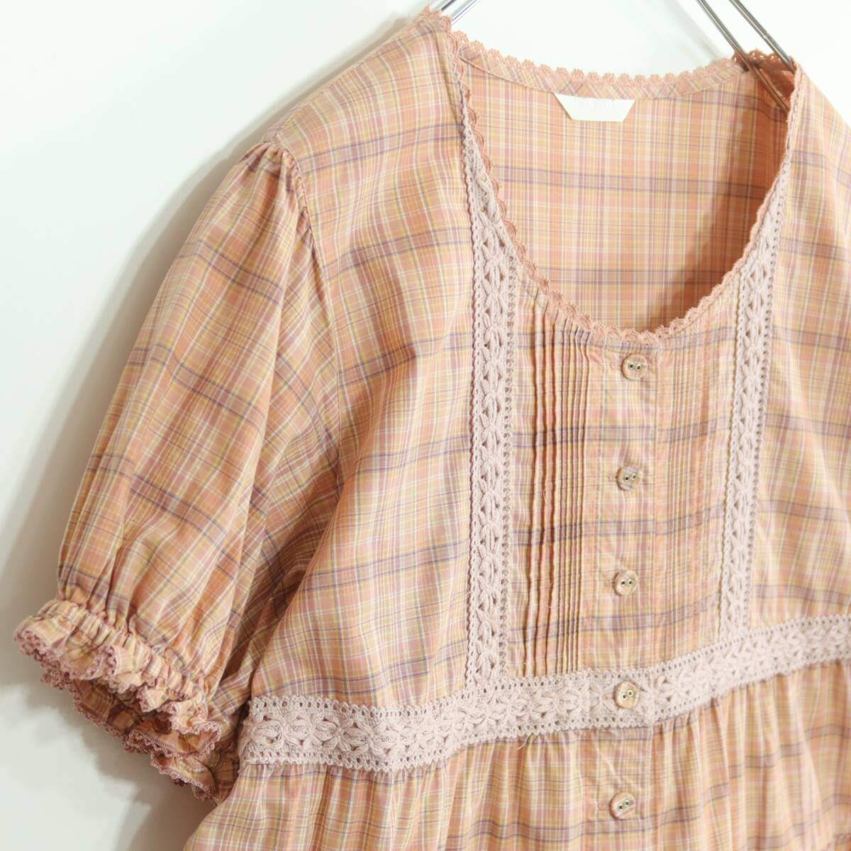 【美品】ピンクハウス★オリチェpt&ニットレース♪チュニックブラウス オレンジ系 前開き パフ袖♪薄手 z19617