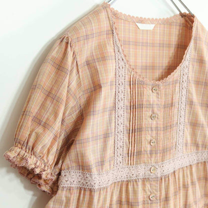 【美品】ピンクハウス★オリチェpt&ニットレース♪チュニックブラウス オレンジ系 前開き パフ袖♪薄手 z19617