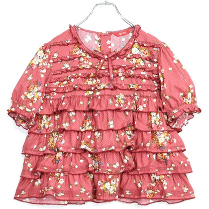 【美品】ピンクハウス★かぶせ段々フリル♪ドットと花柄のふんわりブラウス 赤紫系 ピコレース&リボン♪薄手 z21087