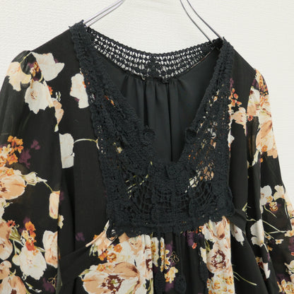インゲボルグ★胸元レース使い♪花柄シフォンワンピース サイズ9 黒系 薄手 z23318