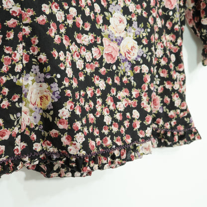 【美品】ピンクハウス★薔薇pt♪ふんわりローンブラウス 五分袖 黒系 フリル♪z22917